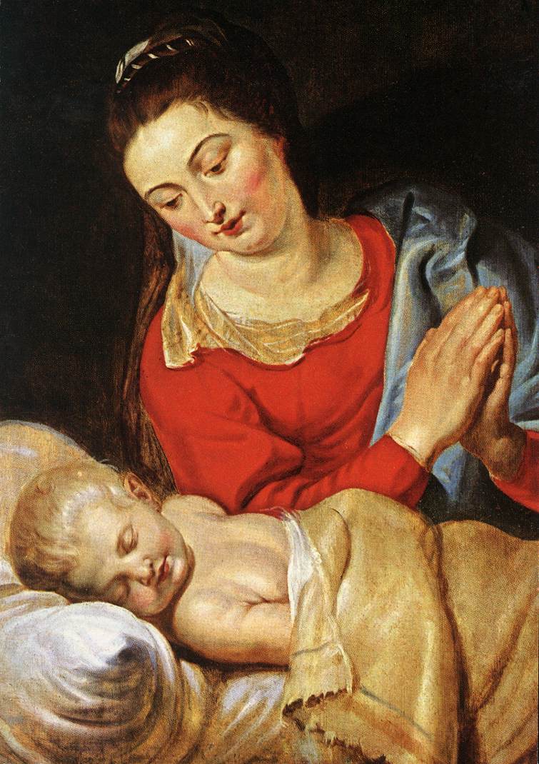 Painting by Peter Paul Rubens showing the Virgin Mary in a red dress and blue mantle praying with folded hands while leaning over the sleeping Christ Child, who rests on a white pillow under a golden blanket against a dark background.