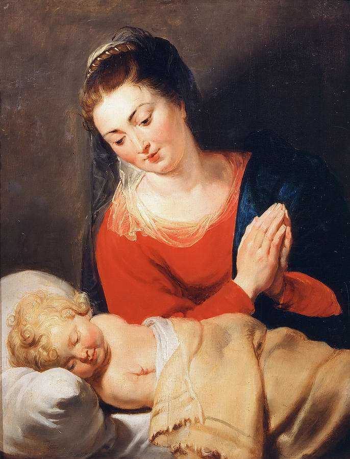 Painting of the Virgin Mary in a red dress and blue mantle praying beside the sleeping Christ Child, who lies on a white pillow wrapped in a blanket, in a softly lit, intimate setting.