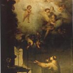 Baroque painting by Murillo showing St. Anthony of Padua kneeling in a dim cell with arms outstretched while above him the Christ Child and numerous angels appear in a burst of light and clouds, transforming the room into a radiant heavenly vision.