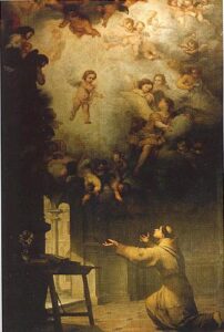 Baroque painting by Murillo showing St. Anthony of Padua kneeling in a dim cell with arms outstretched while above him the Christ Child and numerous angels appear in a burst of light and clouds, transforming the room into a radiant heavenly vision.