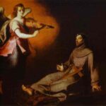 Baroque painting by Murillo showing Saint Francis of Assisi in a brown habit seated on the ground, gazing in awe at an angel who stands before him playing a violin, both figures illuminated by a golden glow against a dark background.