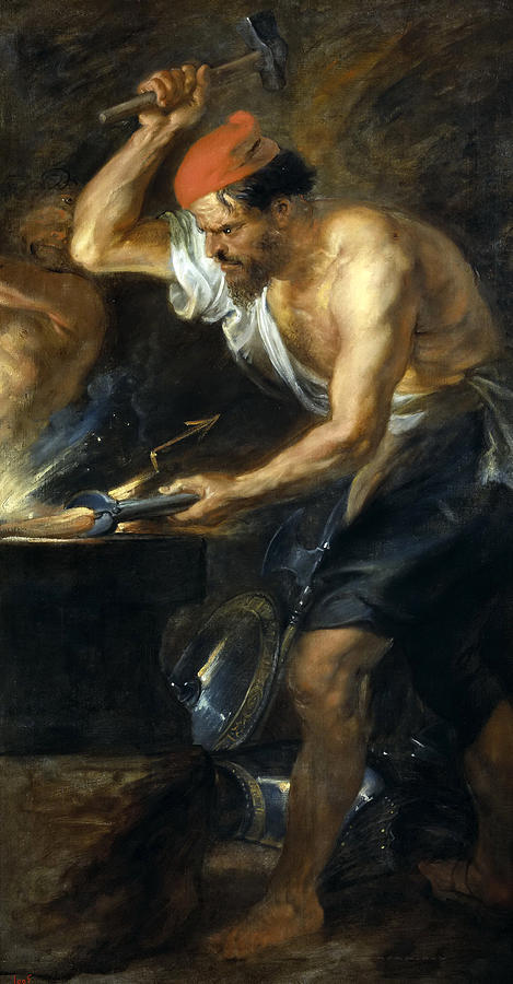 Baroque painting by Peter Paul Rubens showing the muscular god Vulcan in a red cap and rolled white sleeve raising a hammer over an anvil as he forges Jupiter’s thunderbolt, with pieces of gleaming armor scattered at his bare feet in a dark, smoky forge.