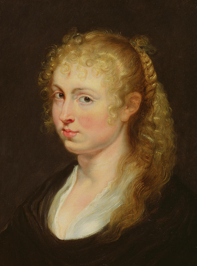 Portrait painting “Young Woman with Curly Hair” by Peter Paul Rubens showing a fair-skinned young woman in three-quarter view with pale golden ringlets and a braid down her back, wearing a dark dress and white blouse, her face softly lit against a dark background as she looks toward the viewer with a reserved, thoughtful gaze.
