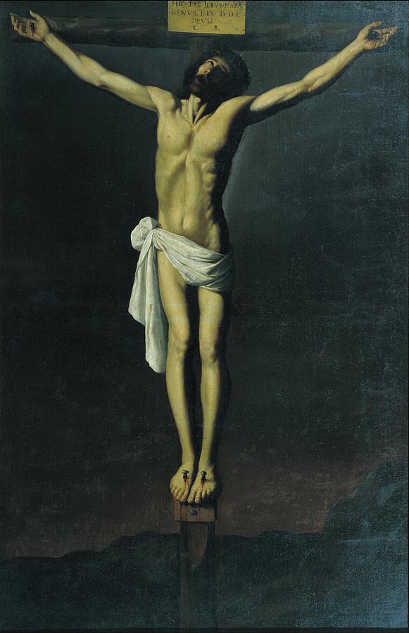 Painting of “Christ Crucified” by Francisco de Zurbaran showing the nude figure of Jesus with a white loincloth nailed to a wooden cross, head bowed, against a dark empty background with only a hint of rocky ground below.