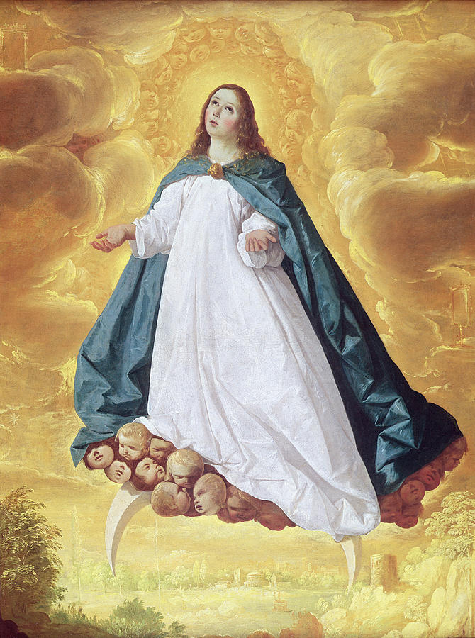 Young Virgin Mary in a long white gown and blue green mantle floats on a cloud of cherub heads above a crescent moon, surrounded by glowing golden clouds over a distant landscape.