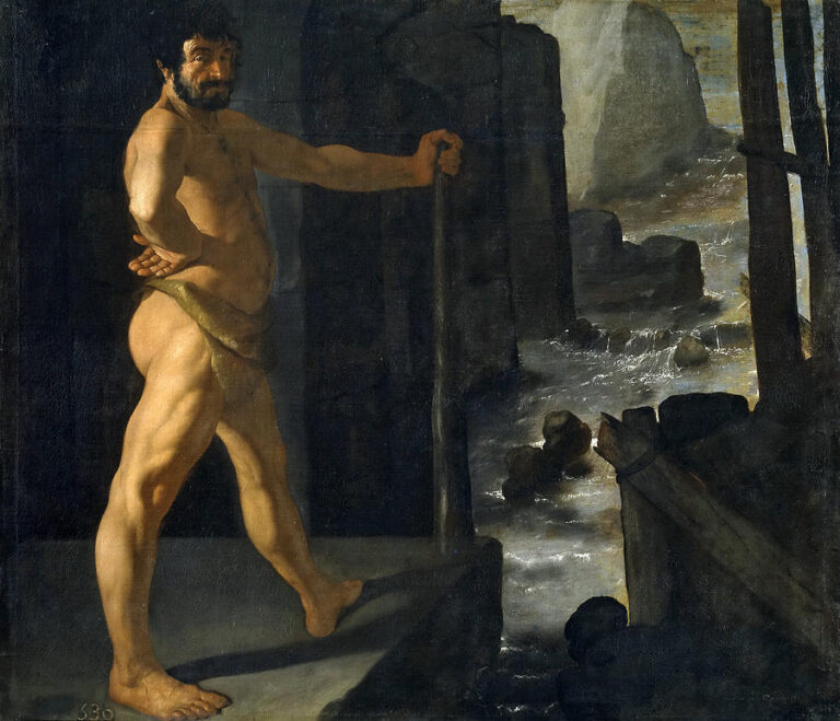 Painting of “Hercules Diverts the River Alpheus” by Francisco de Zurbaran showing a muscular nude Hercules in a small loincloth standing on a stone ledge with staff in hand, turning toward the viewer as a turbulent river rushes through a dark rocky gorge beside him.