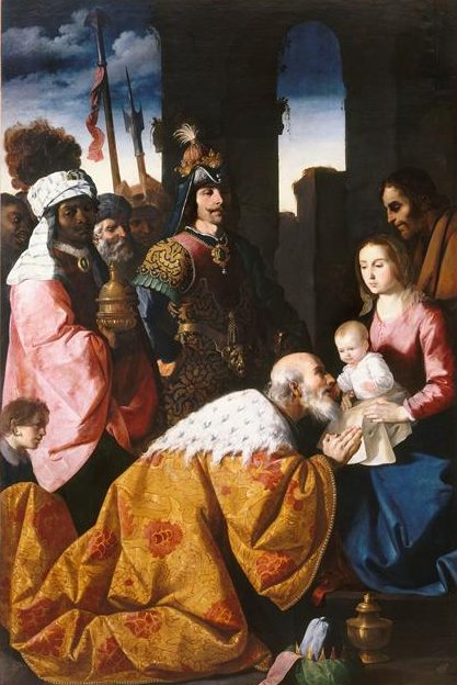 Vertical painting by Francisco de Zurbaran showing the Adoration of the Magi, with an elderly king in a golden cloak kneeling to kiss the Christ Child’s hand as Mary holds him, two standing Magi in exotic dress and armor presenting gifts, and Joseph watching in shadow beneath tall arches that open onto a blue sky.
