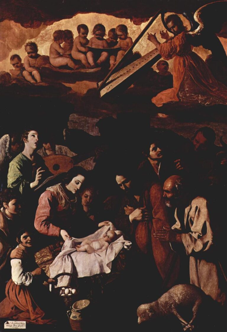 Large vertical Nativity scene by Zurbaran showing the infant Jesus lying on white cloth in the center, surrounded by Mary, Joseph and rustic shepherds in a dark stable, while above them an angel plays a large psaltery amid glowing clouds filled with seated putti.