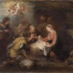 Small Baroque painting by Bartolome Esteban Murillo showing the Nativity scene, with the infant Jesus glowing in a manger surrounded by Mary, Joseph, kneeling shepherds, animals, and angels above in a softly lit stable interior.