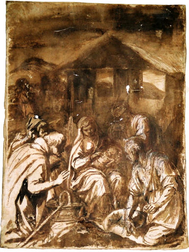 Brown monochrome study of the Adoration of the Shepherds by Francisco de Zurbaran showing Mary with the infant Jesus in a rustic stable, surrounded by kneeling shepherds under a simple hut with sketchy landscape in the background.