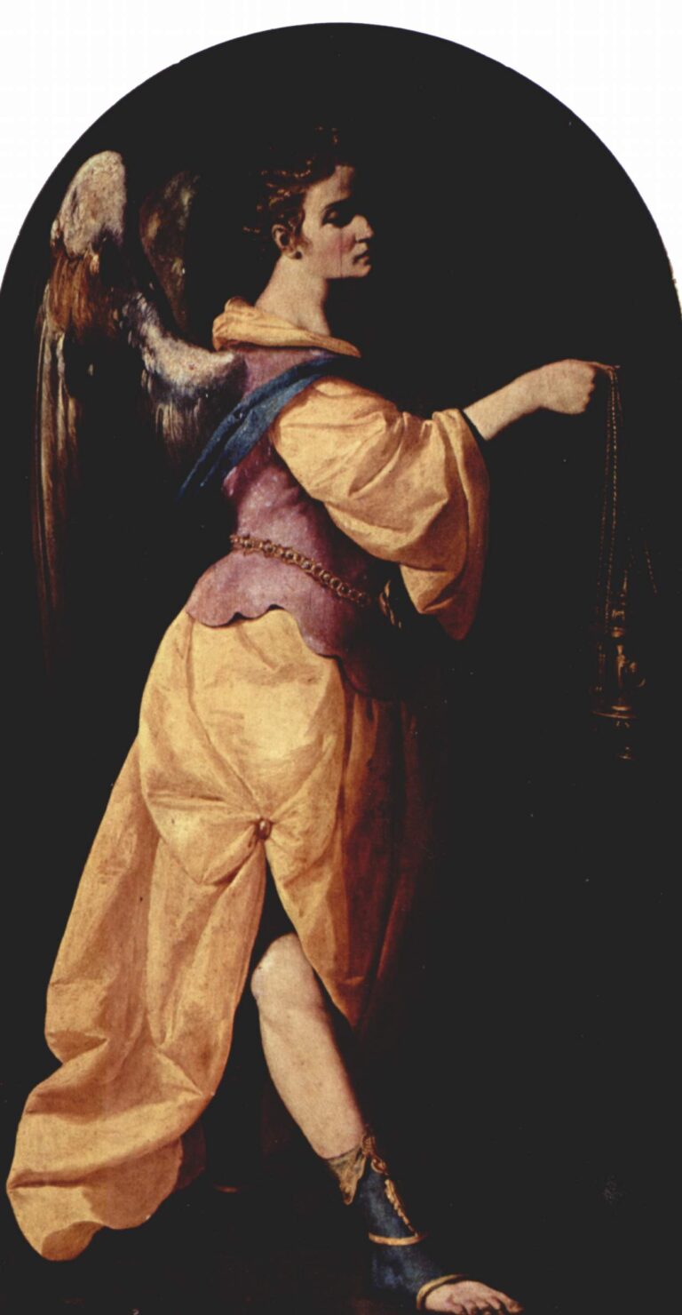 Tall arched painting of an angel by Francisco de Zurbaran showing a youthful figure in yellow robes, rose bodice, and blue sash stepping forward in profile, wings visible behind, holding the chain of a censer that disappears into the darkness of the black background.