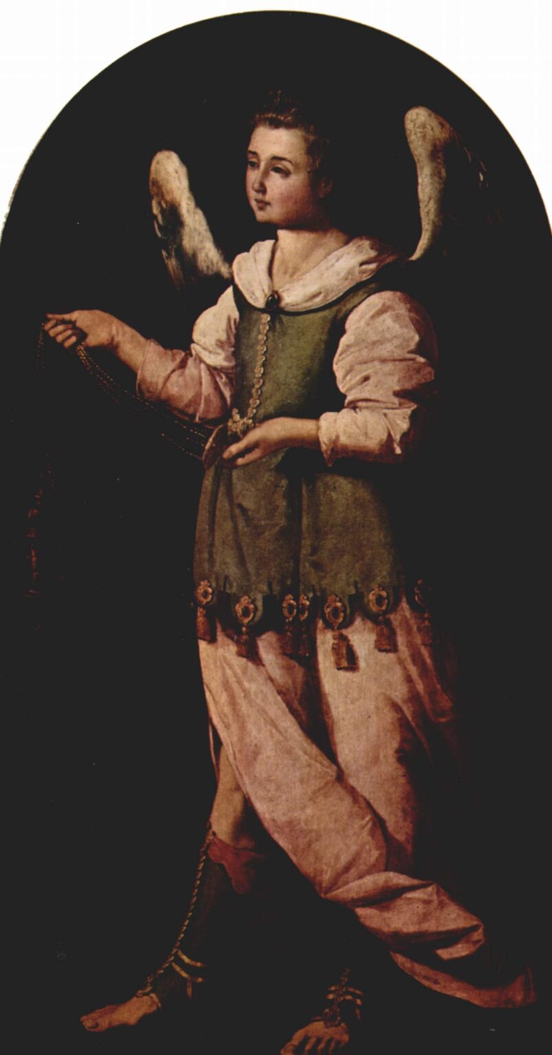 Full length young angel by Zurbaran standing against a dark background, wearing a green tunic over a pink robe, with soft wings and bare feet, gently holding the chains of a censer as if swinging incense in a solemn ritual.