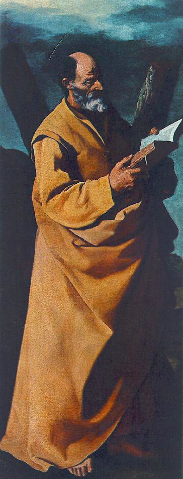 Vertical painting of St. Andrew by Francisco de Zurbaran showing a bearded apostle in a long ocher robe, barefoot, holding an open book and the beam of a cross, with a faint halo and stormy blue background.