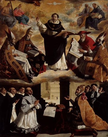 Large Baroque painting by Francisco de Zurbaran showing St Thomas Aquinas standing in glory among bishops and saints in the clouds above, while below a group of clerics and richly dressed nobles gather under dark columns, looking up toward the heavenly vision that dominates the sky.
