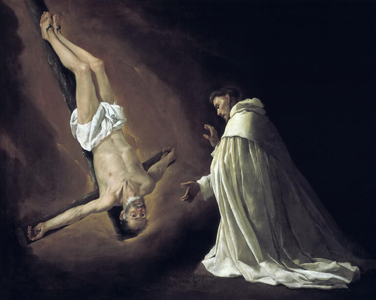 Painting by Francisco de Zurbaran showing the apostle Peter crucified upside down on a diagonal cross, glowing in warm light, while St. Peter Nolasco kneels at right in a voluminous white habit, both figures emerging from a dark background.