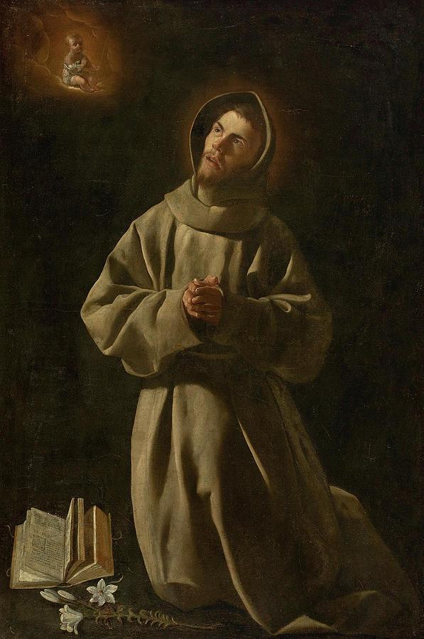 Painting of St Anthony of Padua by Francisco de Zurbaran showing the Franciscan saint kneeling in a brown habit with hands clasped, gazing up at a glowing vision of the Christ Child in the dark upper left, with an open book and white lily resting on the ground beside him.