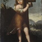 Baroque painting by Bartolome Esteban Murillo showing the Child Jesus standing in a landscape, barefoot and turning toward the viewer while carrying a large wooden cross on his shoulder.