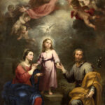 Baroque painting by Bartolomé Esteban Murillo showing the young Christ standing between Mary and Joseph while God the Father and cherubs appear in glowing clouds above and the dove of the Holy Spirit hovers at the center of the scene.