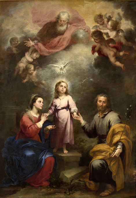 Baroque painting by Bartolomé Esteban Murillo showing the young Christ standing between Mary and Joseph while God the Father and cherubs appear in glowing clouds above and the dove of the Holy Spirit hovers at the center of the scene.