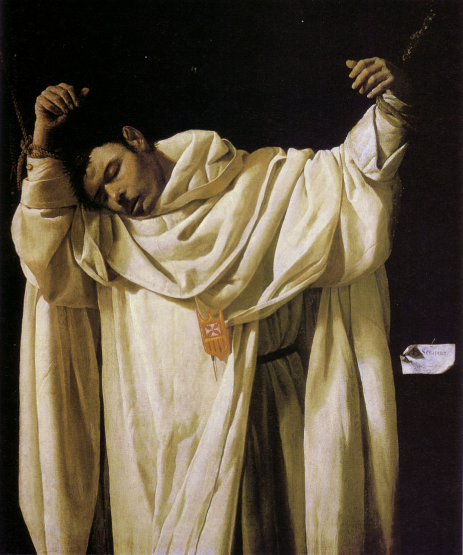 A life size monk in a voluminous white Mercedarian habit hangs with his arms bound above his head, eyes closed and head tilted to one side, isolated against a deep black background in Francisco de Zurbaran’s painting “Beato Serapio” from 1628.