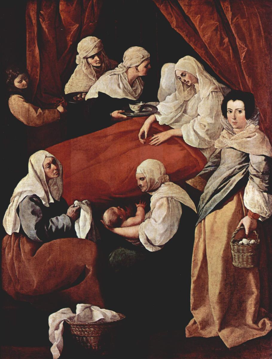 Painting of the Birth of the Virgin by Francisco de Zurbaran showing a group of women in white veils around a red covered bed where Saint Anne rests, while attendants bathe the newborn Mary in the foreground, with a young woman on the right holding a basket of eggs and rich red curtains enclosing the warm, shadowed interior.