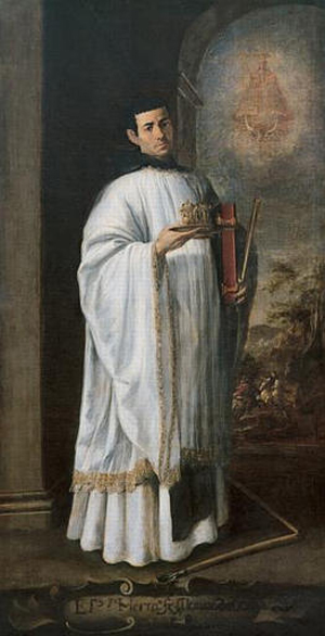 Baroque painting by Francisco de Zurbaran showing Brother Alonso de Ocana standing full length in white liturgical vestments, holding a small crown and book before an arched background with a faint sacred scene, lit dramatically against a dark interior.