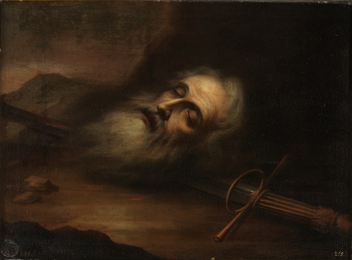 Dark Baroque painting by Bartolome Esteban Murillo showing the severed head of Saint Paul with closed eyes and a long white beard resting in a barren landscape, with a sword lying beside it in the shadows.
