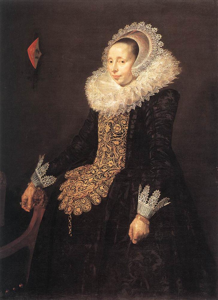 Frans Hals, Catarina Both van der Eem (1620), showing a woman in a black gown with an ornate gold bodice and large white lace ruff, standing against a dark background with delicate lace cuffs and jewelry.