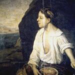 Baroque painting by Bartolomé Esteban Murillo showing a barefoot boy in a loose white shirt and brown shorts sitting on the ground near a rocky shelter, holding a plate of food with a shell and fruit beside him and gazing thoughtfully toward a distant landscape and sea.