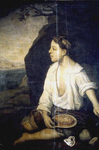 Baroque painting by Bartolomé Esteban Murillo showing a barefoot boy in a loose white shirt and brown shorts sitting on the ground near a rocky shelter, holding a plate of food with a shell and fruit beside him and gazing thoughtfully toward a distant landscape and sea.
