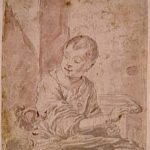 Ink and wash drawing by Bartolomé Esteban Murillo showing a young boy in a loose shirt seated and turning to watch a small dog at his side, with soft shading and minimal background detail.