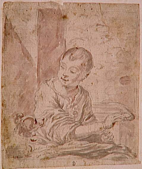 Ink and wash drawing by Bartolomé Esteban Murillo showing a young boy in a loose shirt seated and turning to watch a small dog at his side, with soft shading and minimal background detail.