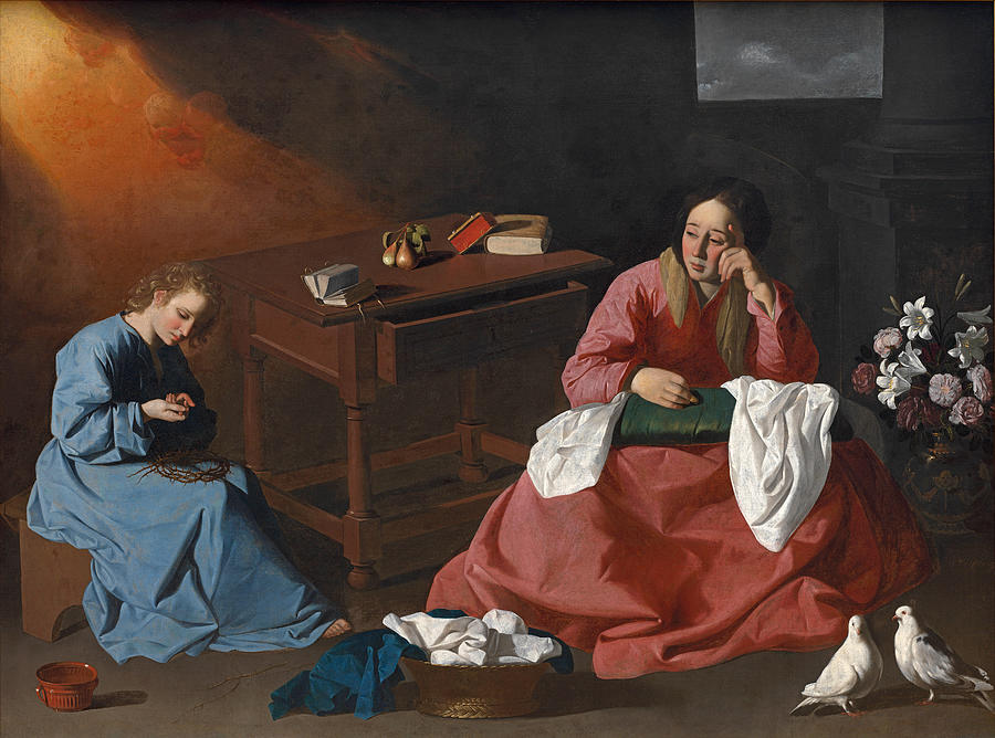 Painting of “The House of Nazareth” by Francisco de Zurbaran showing the Virgin Mary in a red dress sewing white cloth beside baskets of linen while the young Christ in a blue robe sits on a low stool weaving a crown of thorns, with a wooden table, fruit, books, flowers and two white doves in a softly lit interior.