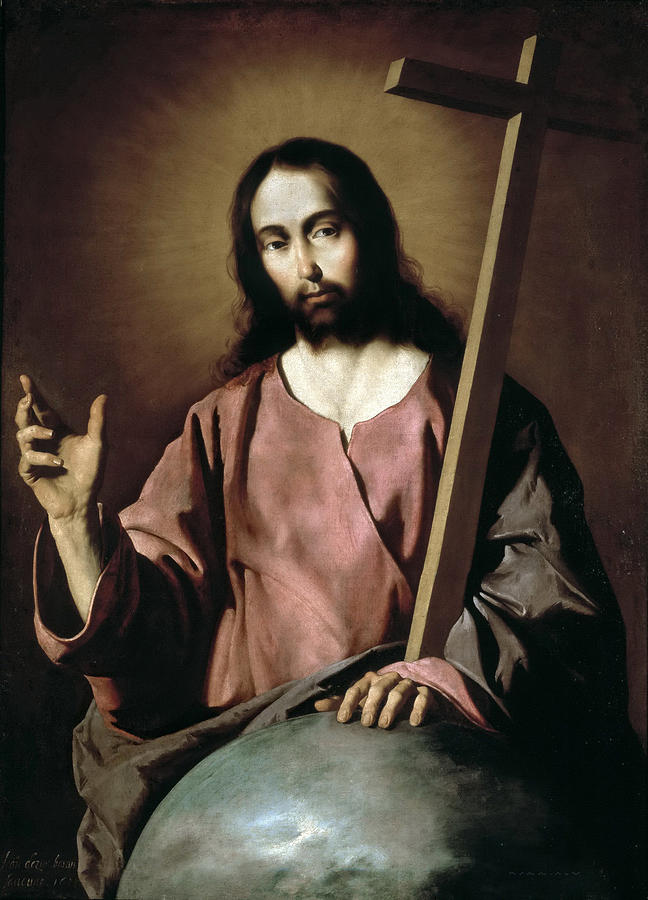 Painting by Francisco de Zurbaran showing Christ half length behind a large globe, wearing a rose tunic and brown mantle, right hand raised in blessing, left hand resting on the world while a tall wooden cross leans against his shoulder, all set against a dark background with a soft halo around his head.