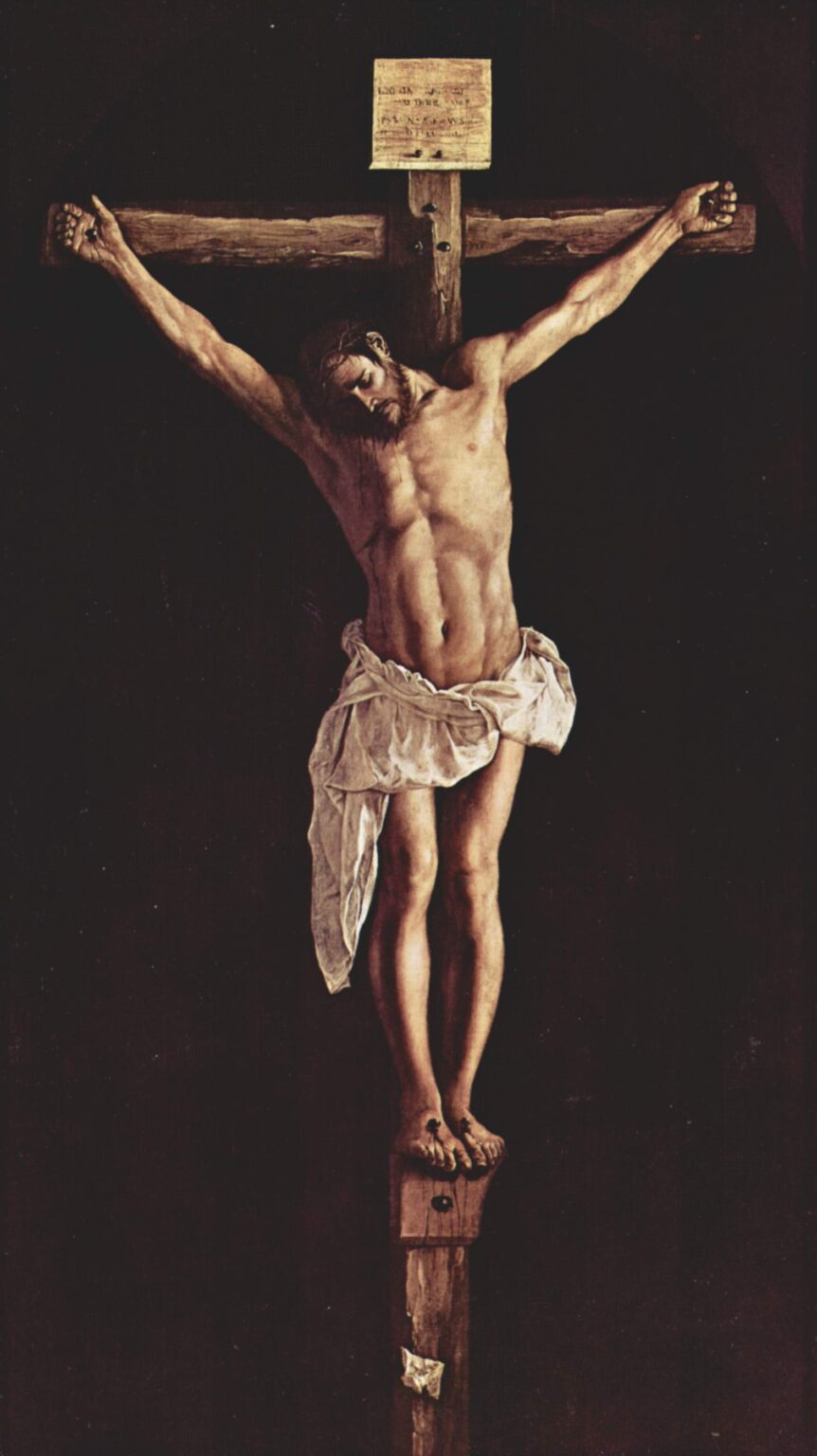 Full length painting of Christ crucified by Francisco de Zurbaran, showing a nearly nude figure on a wooden cross against a dark background, illuminated by strong light with a white loincloth glowing at the center.