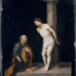 Baroque painting by Bartolome Esteban Murillo showing Christ tied to a tall column wearing only a white loincloth, turning gently toward a kneeling Saint Peter who clutches an ocher cloak, with keys and a book lying on the ground against a dark background.
