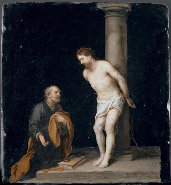Baroque painting by Bartolome Esteban Murillo showing Christ tied to a tall column wearing only a white loincloth, turning gently toward a kneeling Saint Peter who clutches an ocher cloak, with keys and a book lying on the ground against a dark background.