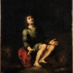 Baroque painting by Bartolomé Esteban Murillo showing Daniel barefoot and kneeling in a dark lions’ den, wearing a green tunic with a red cloak at his side, hands open in prayer and eyes lifted upward while the dim forms of lions surround him in the shadows.