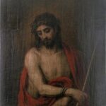 Half length image of Christ crowned with thorns, bare chested and draped in a red cloak, holding a reed and looking downward in sorrow in Bartolomé Esteban Murillo’s painting “Ecce Homo.”