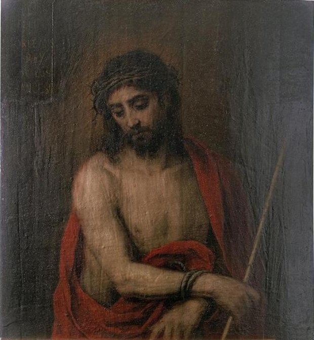Half length image of Christ crowned with thorns, bare chested and draped in a red cloak, holding a reed and looking downward in sorrow in Bartolomé Esteban Murillo’s painting “Ecce Homo.”