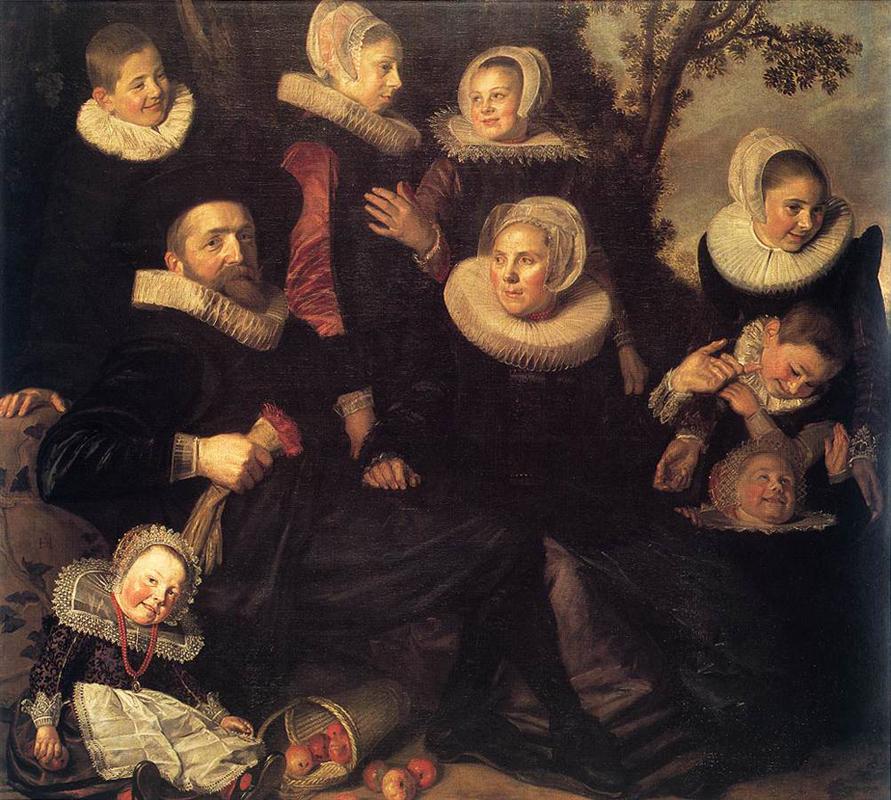 Frans Hals, Family Group in a Landscape (1620), group portrait of a Dutch family outdoors with adults in black clothing and white ruff collars, several children gathered around, and a tree and landscape in the background with fruit near the foreground.