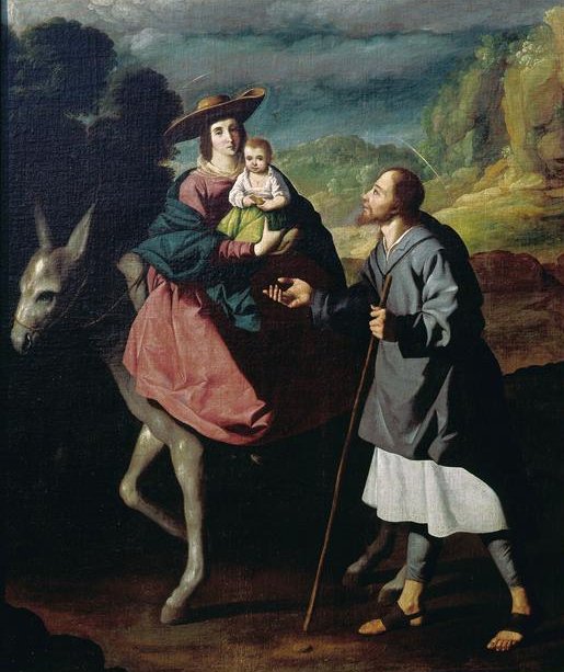 Painting by Francisco de Zurbaran showing Mary on a donkey holding the Christ Child while Joseph walks beside them on a country road, under a dark sky and rugged landscape, illustrating the Flight into Egypt.