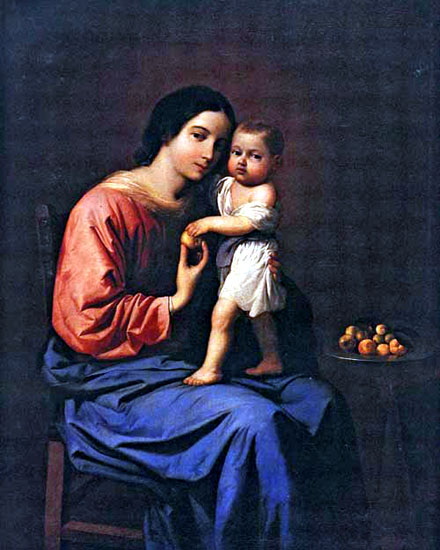 eated Virgin Mary in red and blue robes holds the standing Christ Child on her lap as he grasps an apple, with a small table of fruit beside them against a dark background.