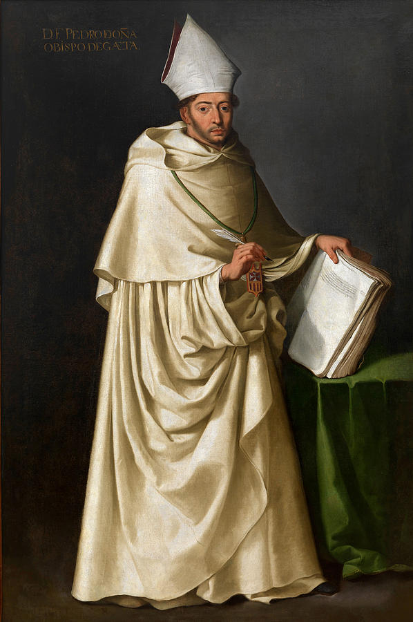 Painting of Fray Pedro de Ona by Francisco de Zurbaran showing a Mercedarian bishop in a white habit and mitre standing beside a green covered table with a large open book, holding a quill and wearing the order’s small shield on a green cord.
