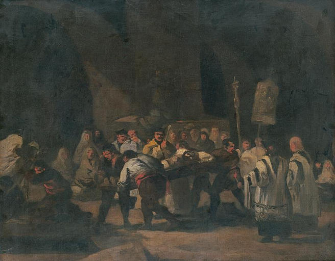 Dark Baroque painting “Funeral” by Francisco de Zurbaran showing men carrying a shrouded body on a bier through a shadowy interior, accompanied by priests in white vestments and a crowd of mourners in a vaulted church like space.
