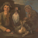 Two rustic children sit behind a table piled with dead game, as a boy in a hat proudly holds up a duck and a girl in a headscarf leans forward beside him, in Bartolomé Esteban Murillo’s painting “Game Dealers.”