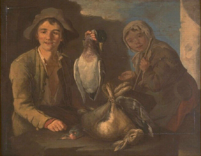 Two rustic children sit behind a table piled with dead game, as a boy in a hat proudly holds up a duck and a girl in a headscarf leans forward beside him, in Bartolomé Esteban Murillo’s painting “Game Dealers.”