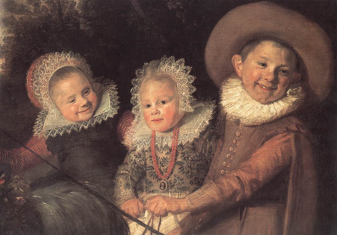 Frans Hals, Group of Children (1620), showing three children with rosy cheeks wearing lace collars and caps, one in a wide brimmed hat, grouped closely together against a dark background.