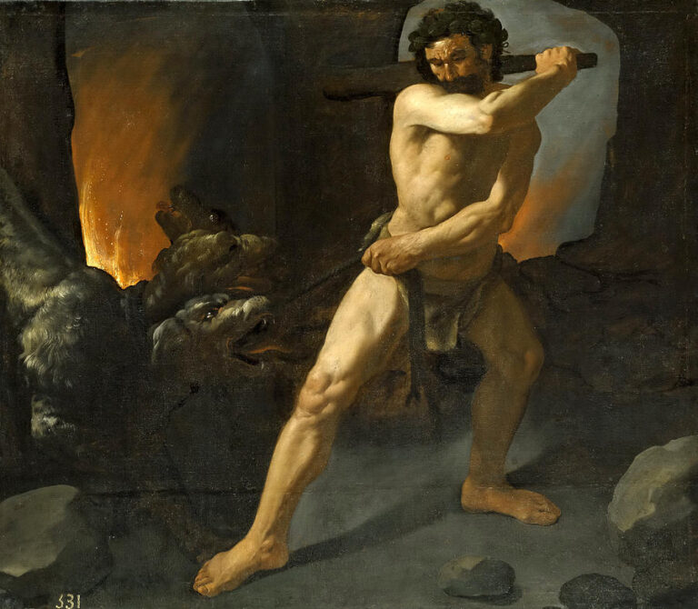 Painting of “Hercules and Cerberus” by Francisco de Zurbaran showing a muscular nude Hercules in a loincloth bracing himself as he pulls a snarling three headed dog on a leash, raising his club to strike while flames burn in the dark rocky underworld around them.