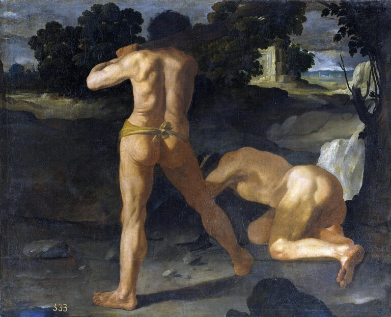 Painting of Hercules seen from behind in a yellow loincloth raising a club over the kneeling figure of King Geryon in a dark rocky landscape with distant trees and buildings.